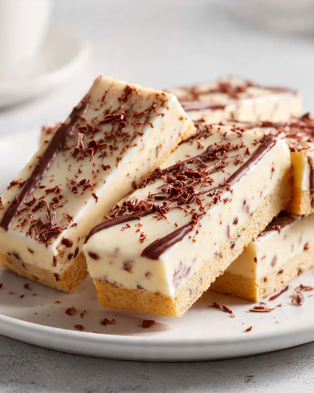 Eierlikörschnitten auf einem Teller, mit cremiger Eierlikörfüllung und Biskuitboden, garniert mit Schokoraspeln und Puderzucker