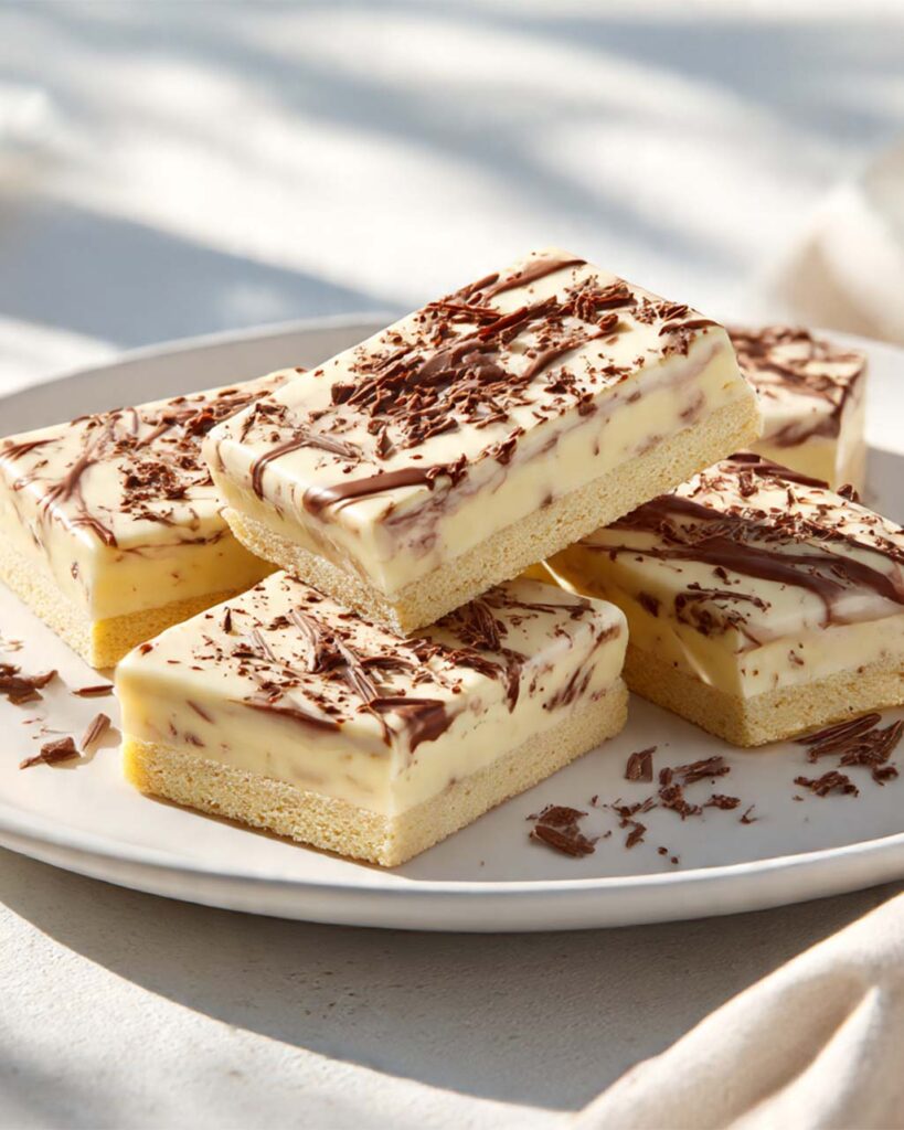 Eierlikörschnitten auf einem Teller, mit cremiger Eierlikörfüllung und Biskuitboden, garniert mit Schokoraspeln und Puderzucker