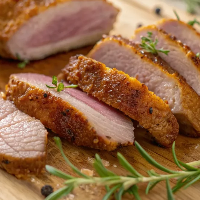 Saftige Entenbrust mit knuspriger Haut aus dem Airfryer, serviert mit Gemüse und frischen Kräutern auf weißem Teller