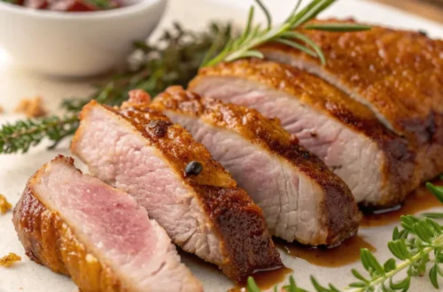 Saftige Entenbrust mit knuspriger Haut aus dem Airfryer, serviert mit Gemüse und frischen Kräutern auf weißem Teller