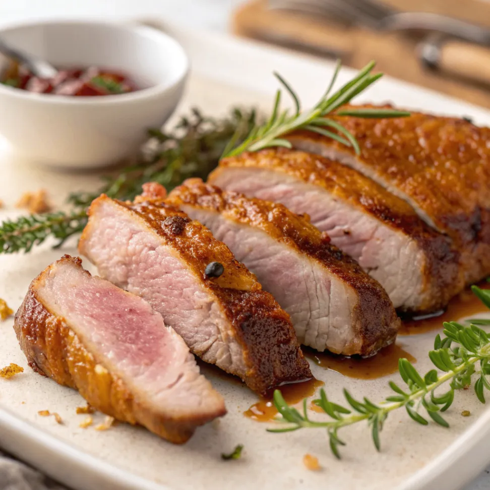 Saftige Entenbrust mit knuspriger Haut aus dem Airfryer, serviert mit Gemüse und frischen Kräutern auf weißem Teller