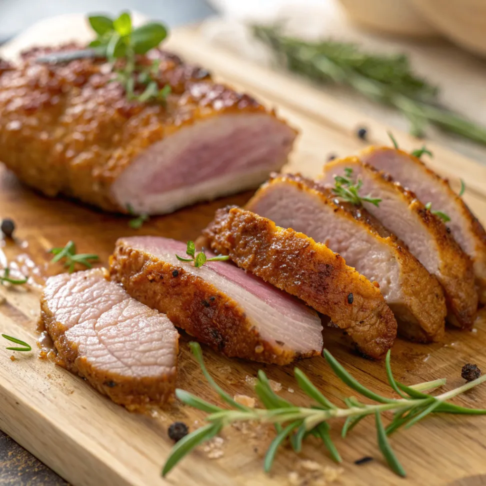 Saftige Entenbrust mit knuspriger Haut aus dem Airfryer, serviert mit Gemüse und frischen Kräutern auf weißem Teller