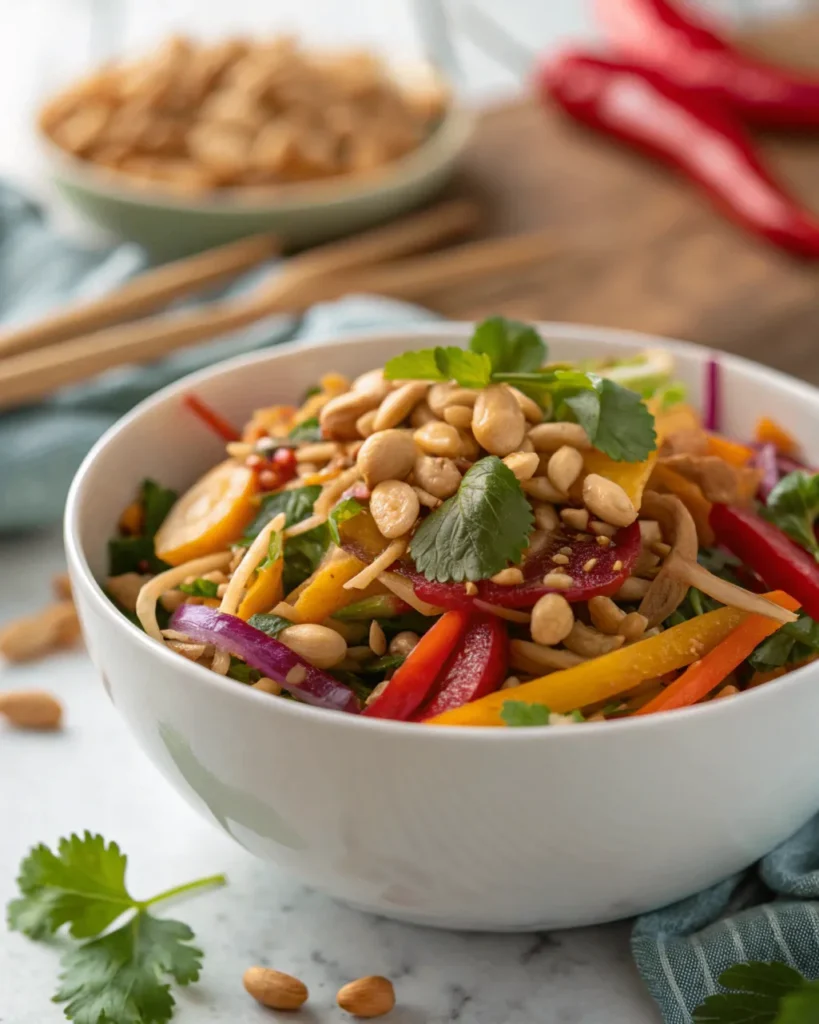 Frischer Erdnuss-Knusper-Salat in einer weißen Schüssel, mit Karotten, Paprika, Gurken, Frühlingszwiebeln, frischen Kräutern und gerösteten Erdnüssen