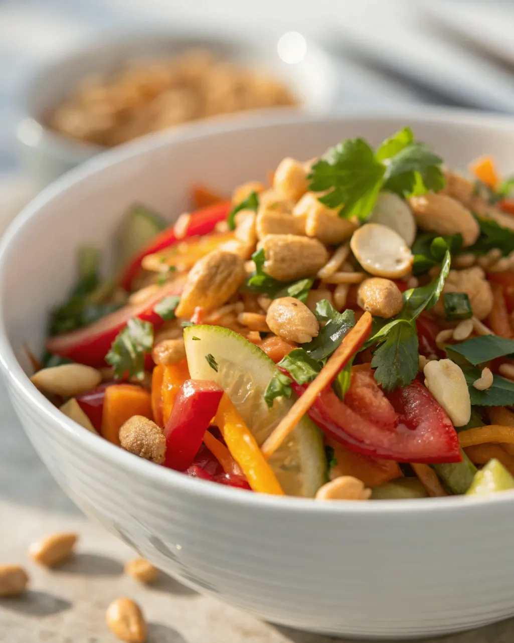 Frischer Erdnuss-Knusper-Salat in einer weißen Schüssel, mit Karotten, Paprika, Gurken, Frühlingszwiebeln, frischen Kräutern und gerösteten Erdnüssen