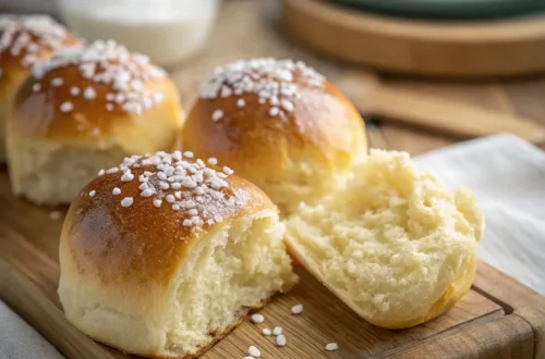 Frisch gebackenes Einback auf einem Holzbackblech, gefüllt mit Vanillepudding, goldbraun und fluffig, traditionelles deutsches Hefegebäck