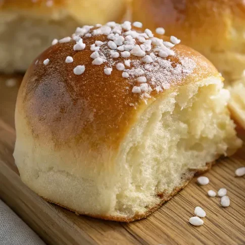 Frisch gebackenes Einback auf einem Holzbackblech, gefüllt mit Vanillepudding, goldbraun und fluffig, traditionelles deutsches Hefegebäck