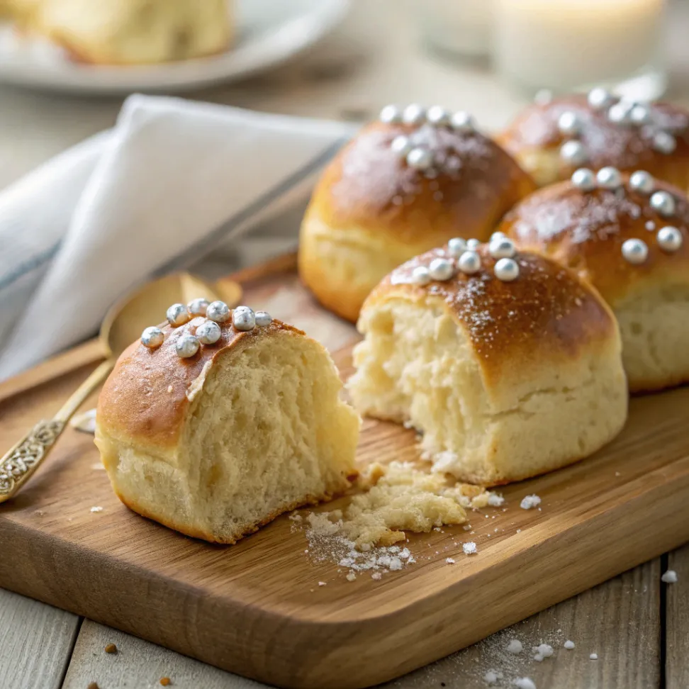 Frisch gebackenes Einback auf einem Holzbackblech, gefüllt mit Vanillepudding, goldbraun und fluffig, traditionelles deutsches Hefegebäck