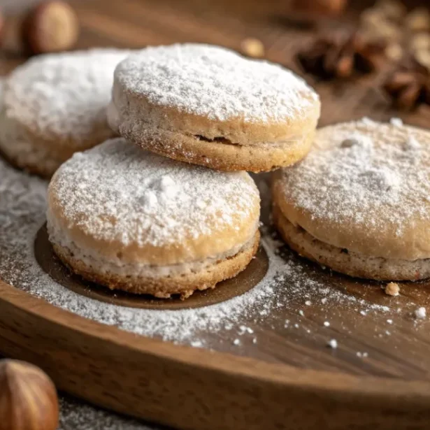 Eine Nahaufnahme von Haselnuss Zimt Kugeln auf einem rustikalen Teller, dekoriert mit Zimt und Haselnüssen