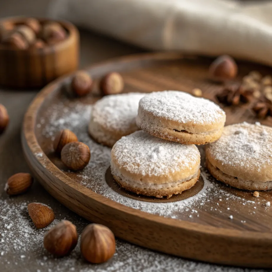 Eine Nahaufnahme von Haselnuss Zimt Kugeln auf einem rustikalen Teller, dekoriert mit Zimt und Haselnüssen