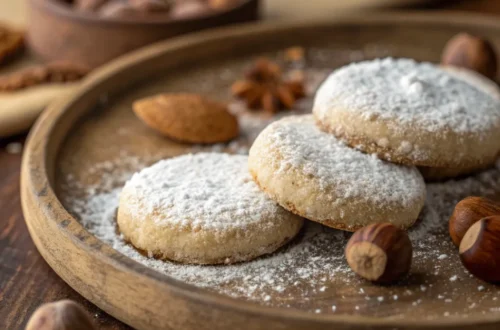 Eine Nahaufnahme von Haselnuss Zimt Kugeln auf einem rustikalen Teller, dekoriert mit Zimt und Haselnüssen