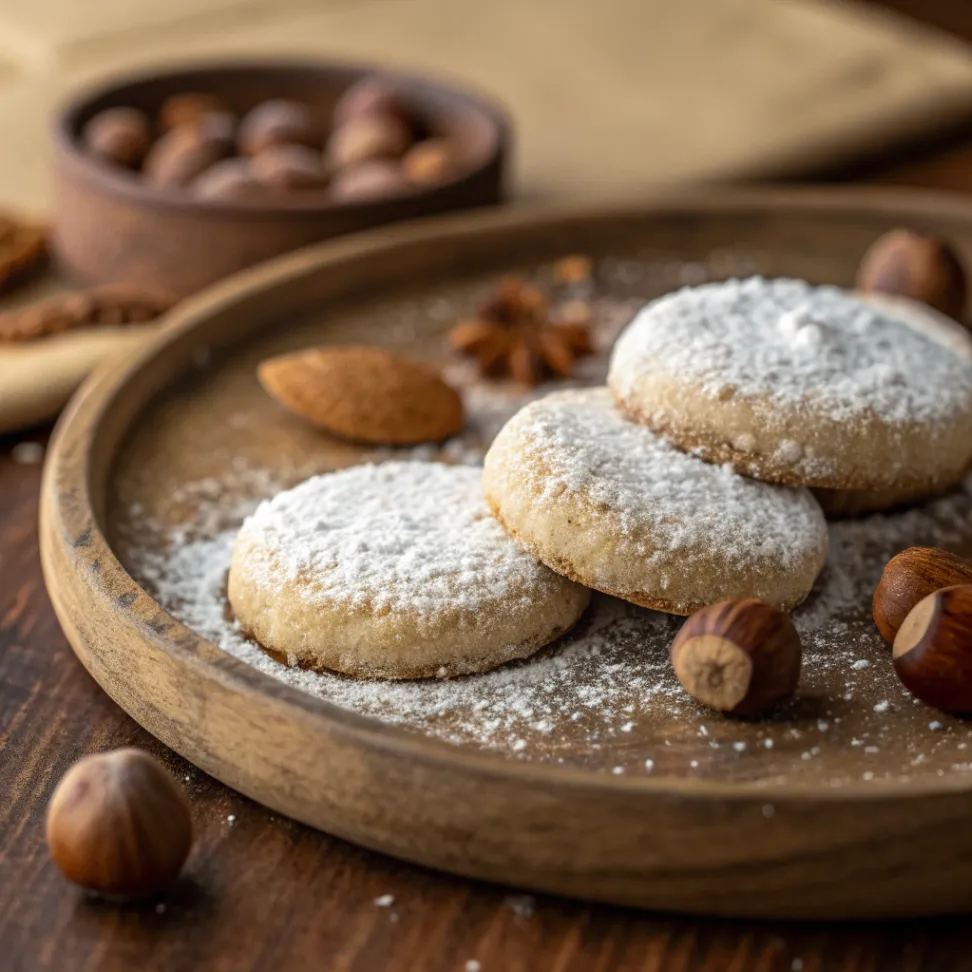 Eine Nahaufnahme von Haselnuss Zimt Kugeln auf einem rustikalen Teller, dekoriert mit Zimt und Haselnüssen
