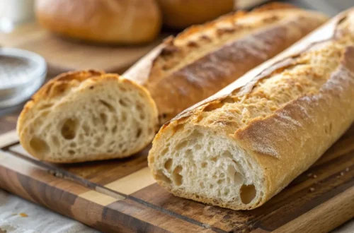 Frisch gebackenes knuspriges französisches Baguette auf einem Holzbrett mit goldbrauner Kruste, leicht eingeschnitten, rustikales Küchenszenario