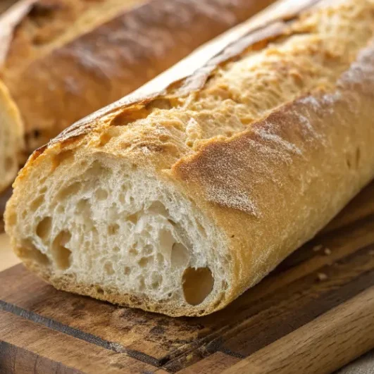 Frisch gebackenes knuspriges französisches Baguette auf einem Holzbrett mit goldbrauner Kruste, leicht eingeschnitten, rustikales Küchenszenario