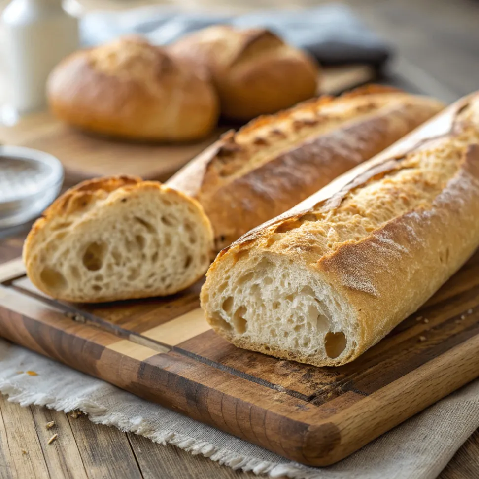Frisch gebackenes knuspriges französisches Baguette auf einem Holzbrett mit goldbrauner Kruste, leicht eingeschnitten, rustikales Küchenszenario