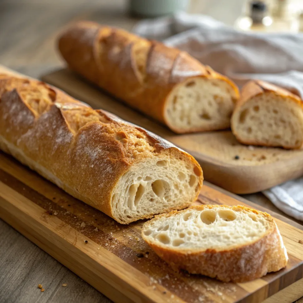 Frisch gebackenes knuspriges französisches Baguette auf einem Holzbrett mit goldbrauner Kruste, leicht eingeschnitten, rustikales Küchenszenario