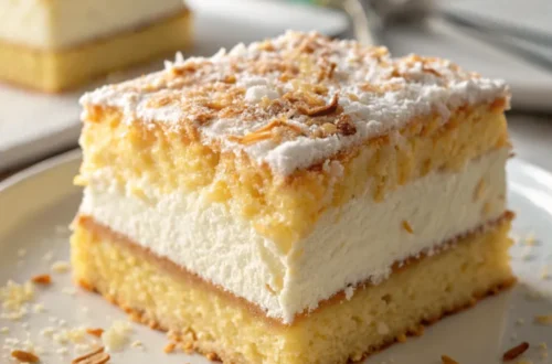 Kokos-Zauberkuchen frisch gebacken, in Scheiben geschnitten mit sichtbarer cremiger Mittelschicht, dekoriert mit Kokosraspeln