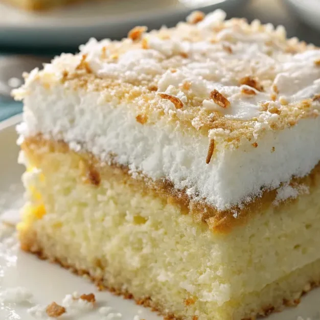 Kokos-Zauberkuchen frisch gebacken, in Scheiben geschnitten mit sichtbarer cremiger Mittelschicht, dekoriert mit Kokosraspeln