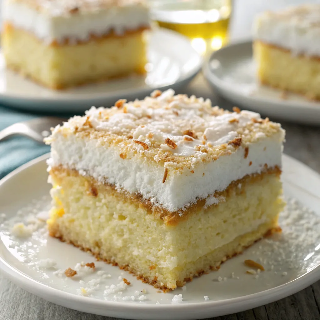 Kokos-Zauberkuchen frisch gebacken, in Scheiben geschnitten mit sichtbarer cremiger Mittelschicht, dekoriert mit Kokosraspeln