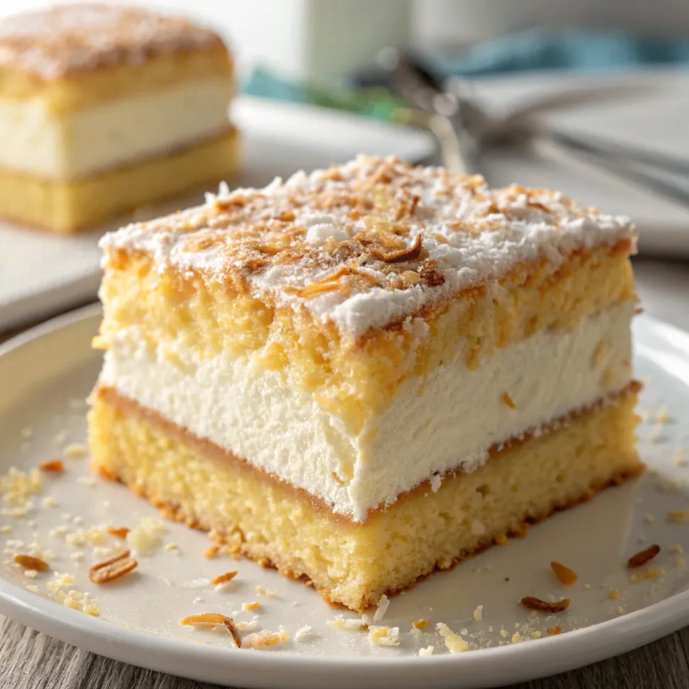 Kokos-Zauberkuchen frisch gebacken, in Scheiben geschnitten mit sichtbarer cremiger Mittelschicht, dekoriert mit Kokosraspeln