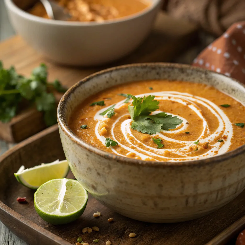 Cremige rote Linsensuppe in einer weißen Schale, garniert mit Kokosmilch und frischen Kräutern, serviert auf einem Holztisch.