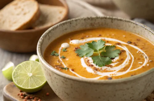 Cremige rote Linsensuppe in einer weißen Schale, garniert mit Kokosmilch und frischen Kräutern, serviert auf einem Holztisch.