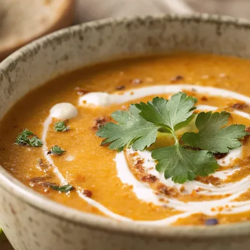 Cremige rote Linsensuppe in einer weißen Schale, garniert mit Kokosmilch und frischen Kräutern, serviert auf einem Holztisch.