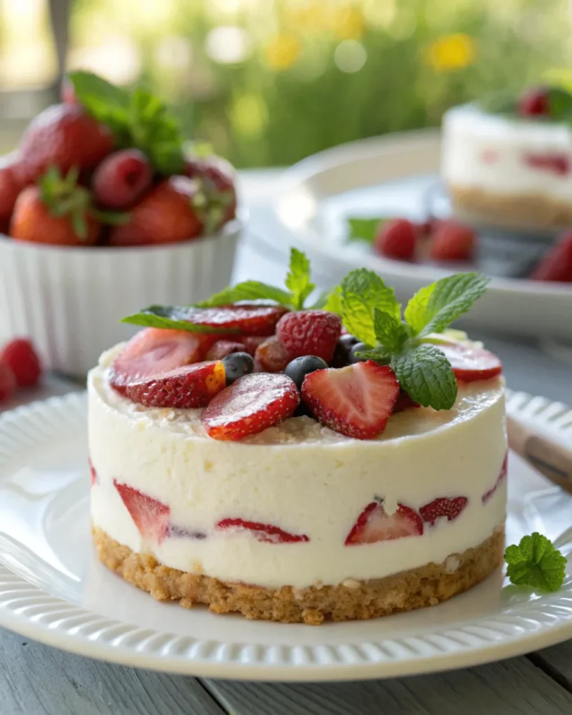 Cremiger Schaumkuchen ohne Backen mit Keksboden und frischen Erdbeeren, serviert auf weißem Teller