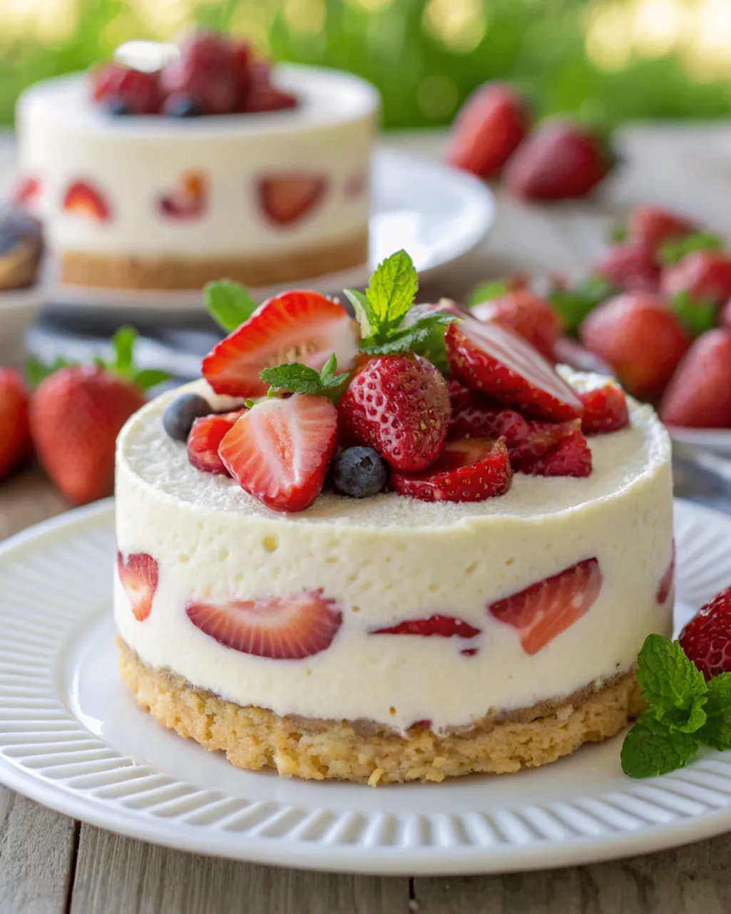 Cremiger Schaumkuchen ohne Backen mit Keksboden und frischen Erdbeeren, serviert auf weißem Teller