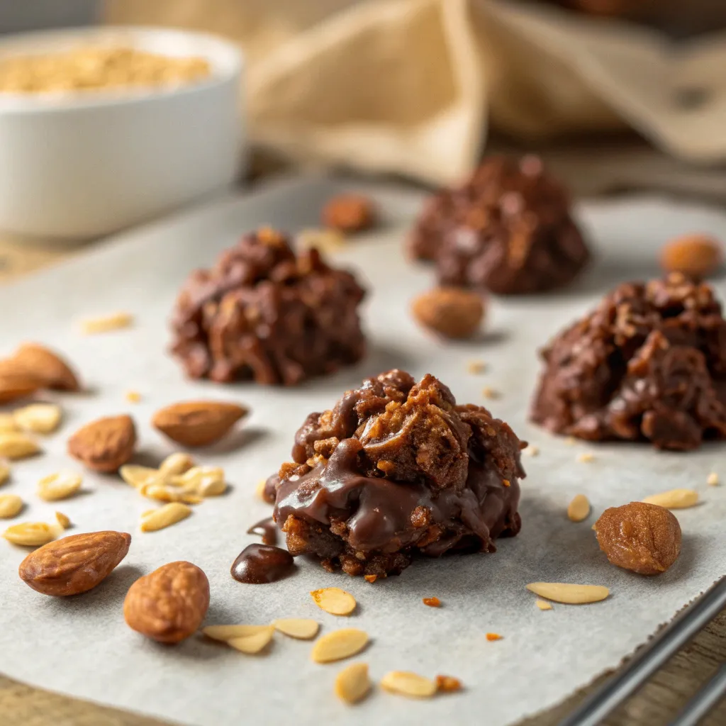 Selbstgemachte Schokocrossies aus Cornflakes und Mandelsplittern, mit geschmolzener Schokolade überzogen und auf Backpapier angerichtet
