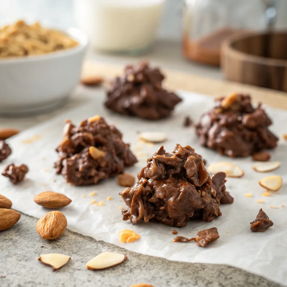 Selbstgemachte Schokocrossies aus Cornflakes und Mandelsplittern, mit geschmolzener Schokolade überzogen und auf Backpapier angerichtet