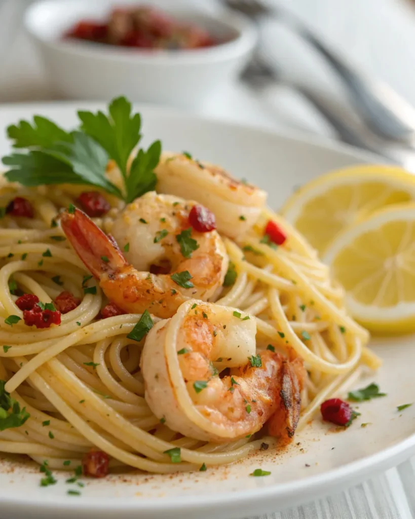 Teller mit Spaghetti und Garnelen, garniert mit frischer Petersilie und einem Spritzer Zitrone, serviert auf weißem Porzellanteller