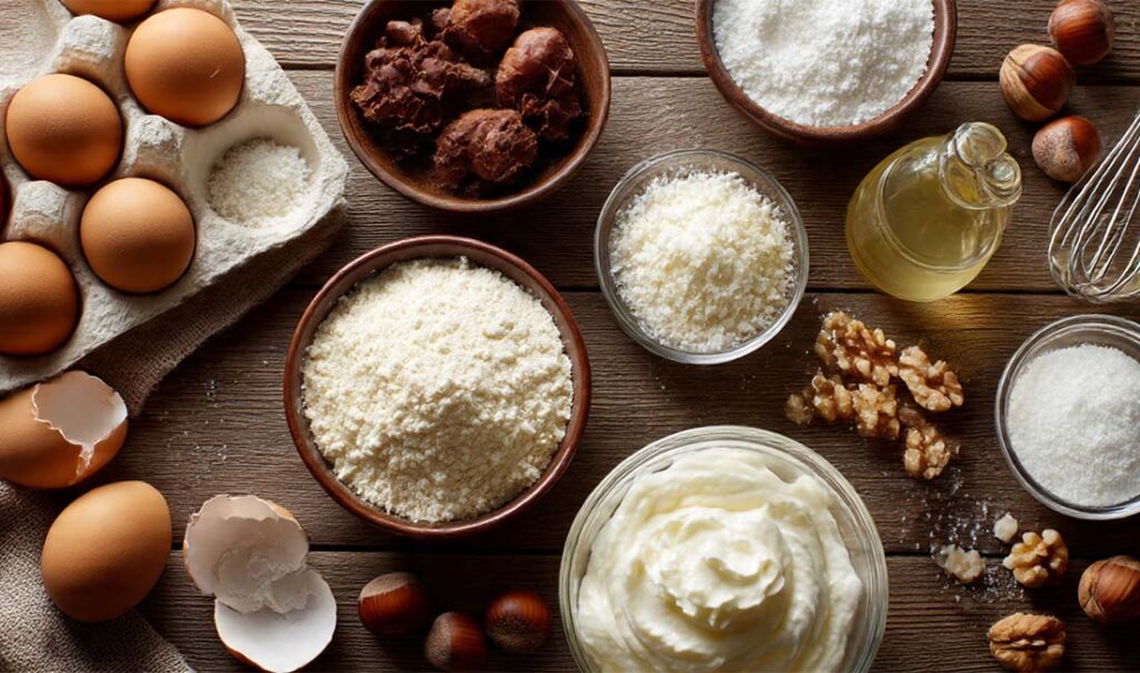 Dieses Bild zeigt alle Zutaten für die Sahne Nuss Torte: gemahlene Haselnüsse oder Walnüsse, Eier, Zucker, Mehl, Schlagsahne, Puderzucker, Vanilleextrakt, Sahnesteif sowie optionale Schokoladenraspel und gehackte Nüsse. Ideal für die Zubereitung eines cremigen und nussigen Desserts.