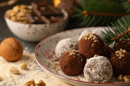 Weihnachtskugeln aus nur 4 Zutaten, mit Kakao und Kokosraspeln auf Holzbrett, festlich dekoriert