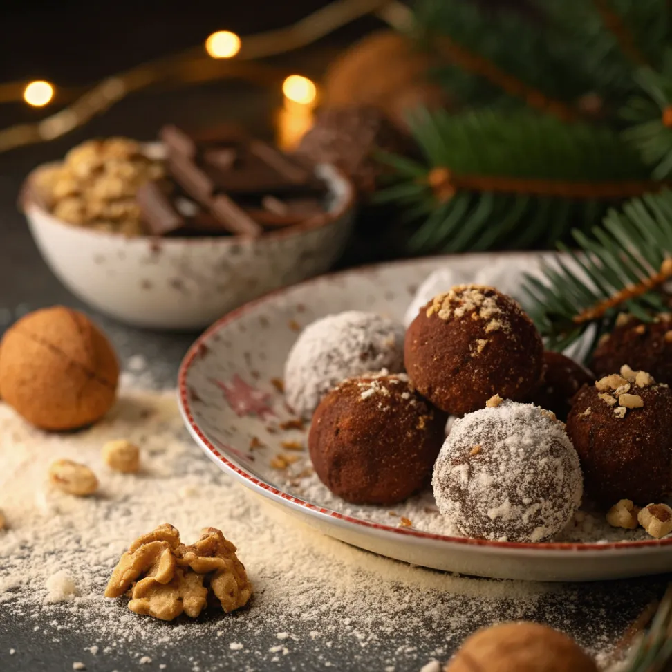 Weihnachtskugeln aus nur 4 Zutaten, mit Kakao und Kokosraspeln auf Holzbrett, festlich dekoriert