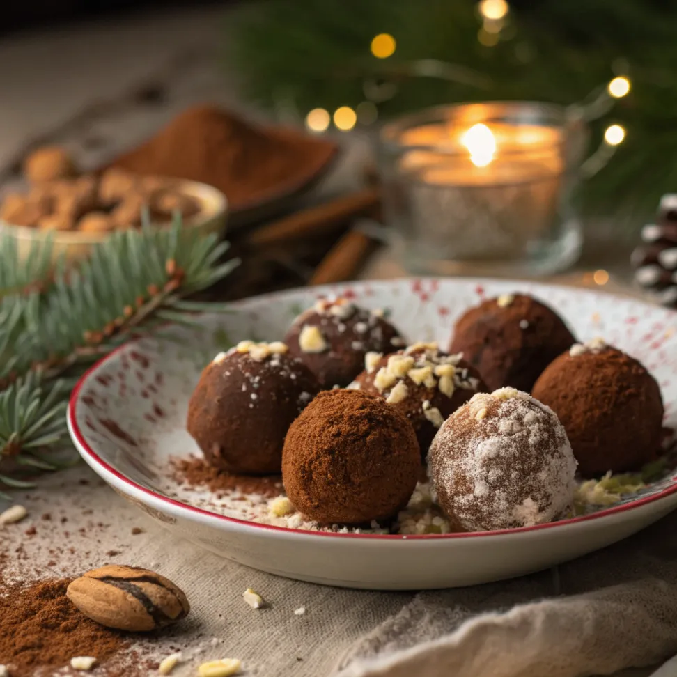 Weihnachtskugeln aus nur 4 Zutaten, mit Kakao und Kokosraspeln auf Holzbrett, festlich dekoriert