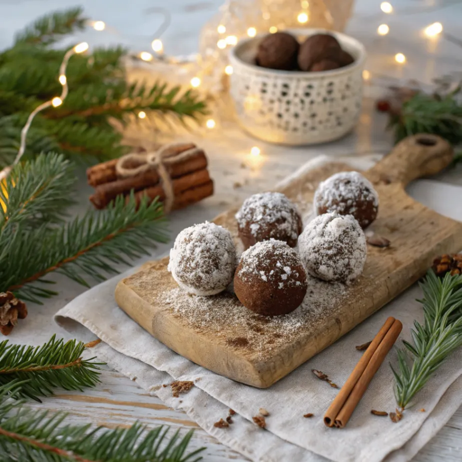 Weihnachtskugeln aus nur 4 Zutaten, mit Kakao und Kokosraspeln auf Holzbrett, festlich dekoriert