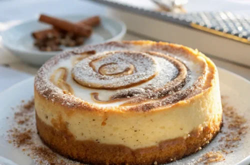 Saftiger Zimtschnecken-Käsekuchen mit cremiger Käsekuchenfüllung und goldbraunen Zimtschnecken-Stücken