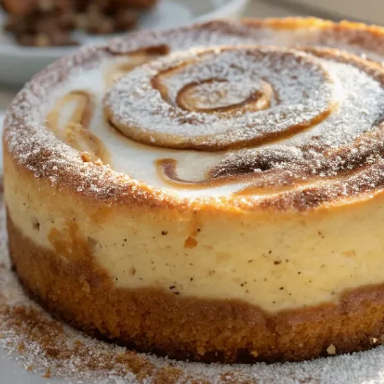 Saftiger Zimtschnecken-Käsekuchen mit cremiger Käsekuchenfüllung und goldbraunen Zimtschnecken-Stücken