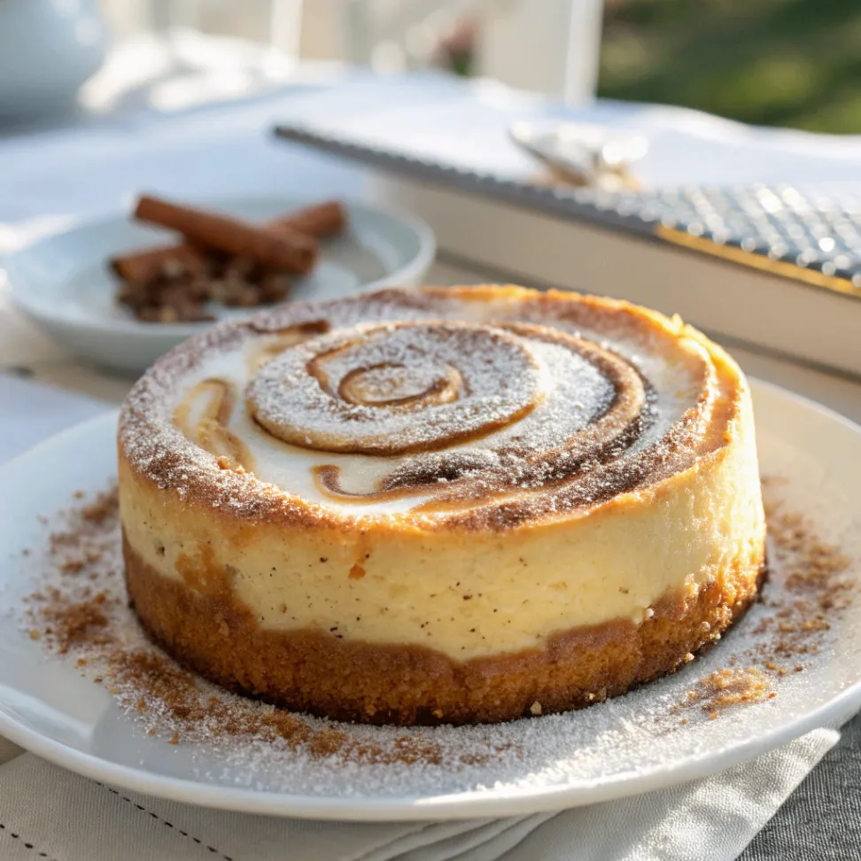Saftiger Zimtschnecken-Käsekuchen mit cremiger Käsekuchenfüllung und goldbraunen Zimtschnecken-Stücken