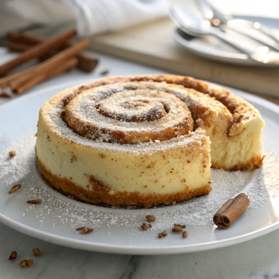 Saftiger Zimtschnecken-Käsekuchen mit cremiger Käsekuchenfüllung und goldbraunen Zimtschnecken-Stücken