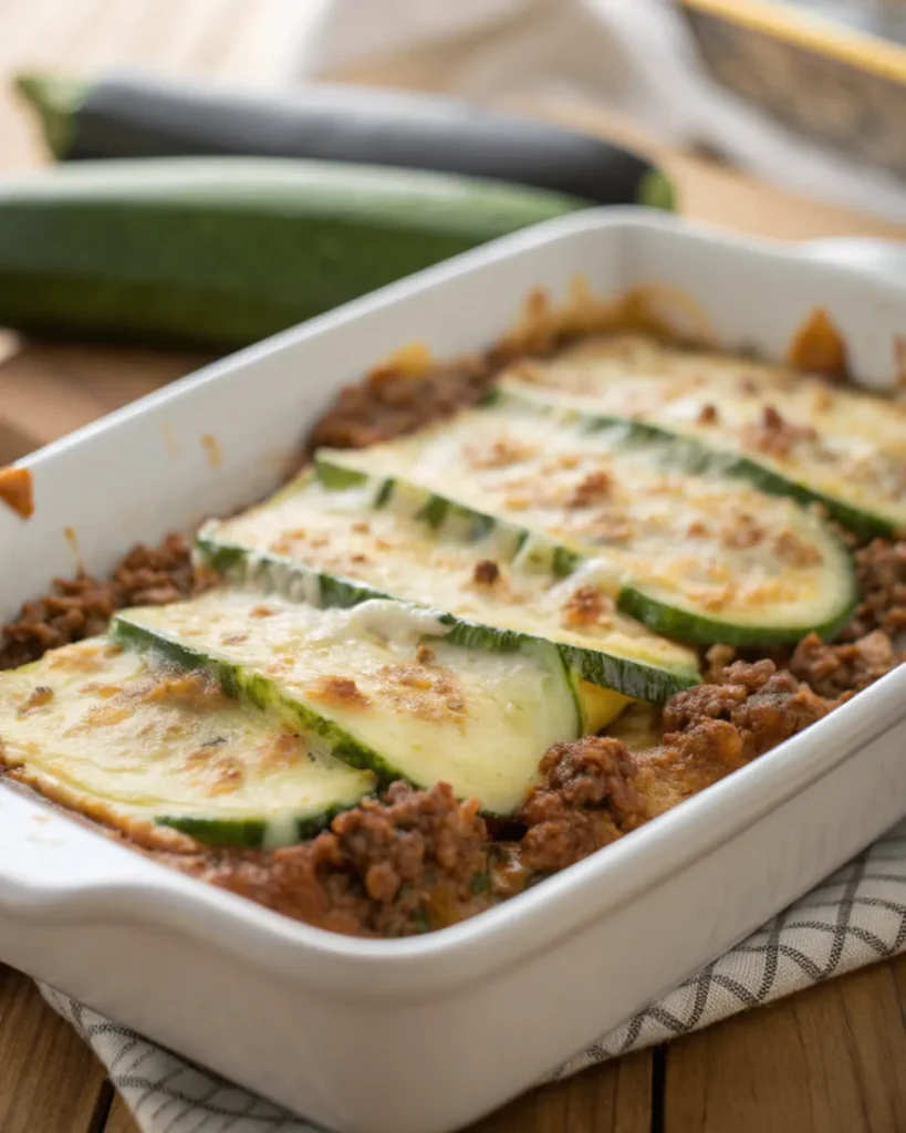 Zucchini-Hackfleisch-Auflauf mit geschmolzenem Käse, saftigem Hackfleisch und frischen Zucchinischeiben, goldbraun im Ofen gebacken