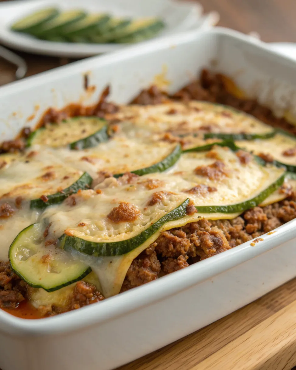 Zucchini-Hackfleisch-Auflauf mit geschmolzenem Käse, saftigem Hackfleisch und frischen Zucchinischeiben, goldbraun im Ofen gebacken