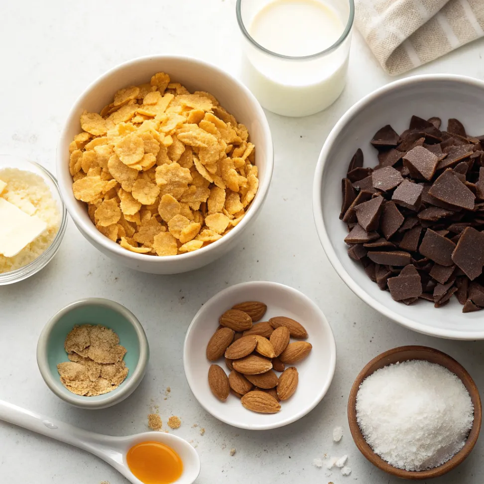 Zutaten für Schokocrossies: Cornflakes, Mandelsplitter, Schokolade und Kokosöl auf heller Arbeitsfläche