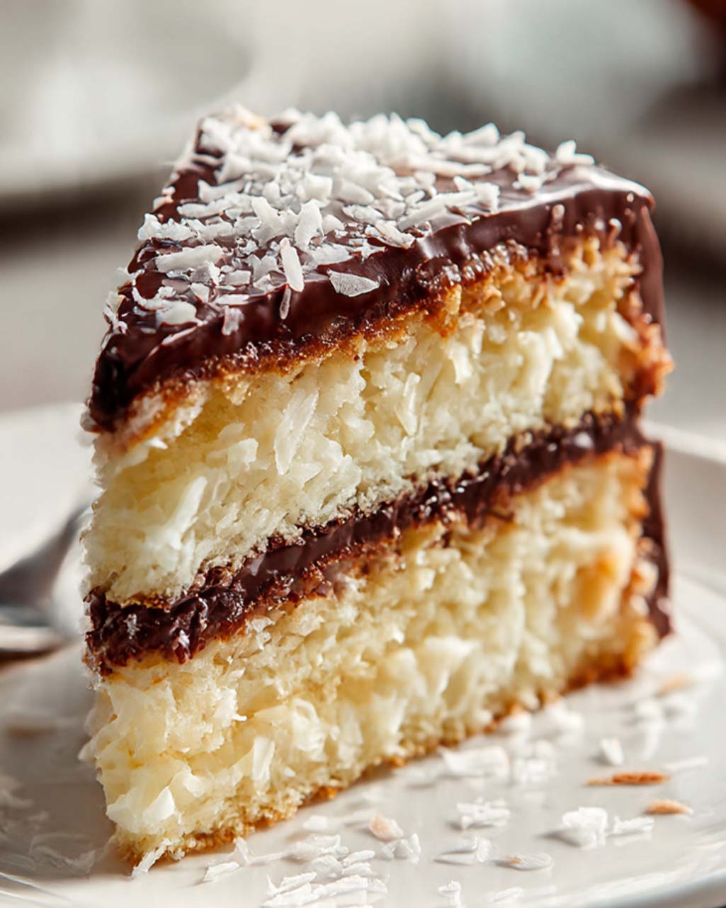 Alle Zutaten für Bounty Kuchen: Kokosraspel, Schokolade, Butter, Eier, Zucker, Sahne und Mehl