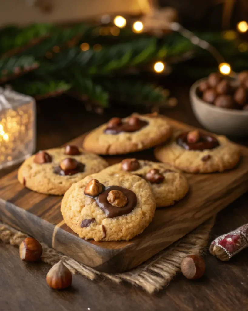 Frisch gebackene Haselnussplätzchen auf Blech und Teller, dekoriert mit ganzen Haselnüssen, perfekt für Weihnachten und Kaffeezeit