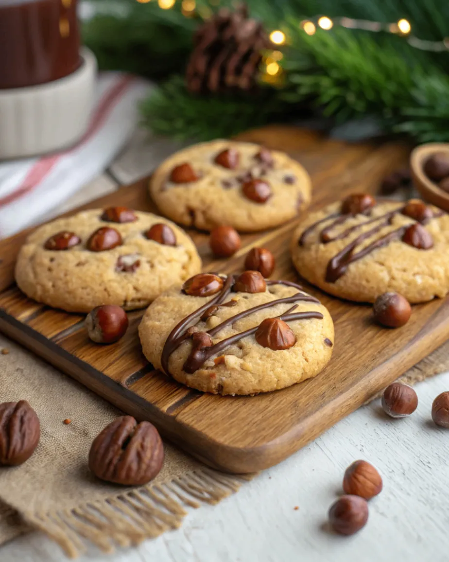 Frisch gebackene Haselnussplätzchen auf Blech und Teller, dekoriert mit ganzen Haselnüssen, perfekt für Weihnachten und Kaffeezeit