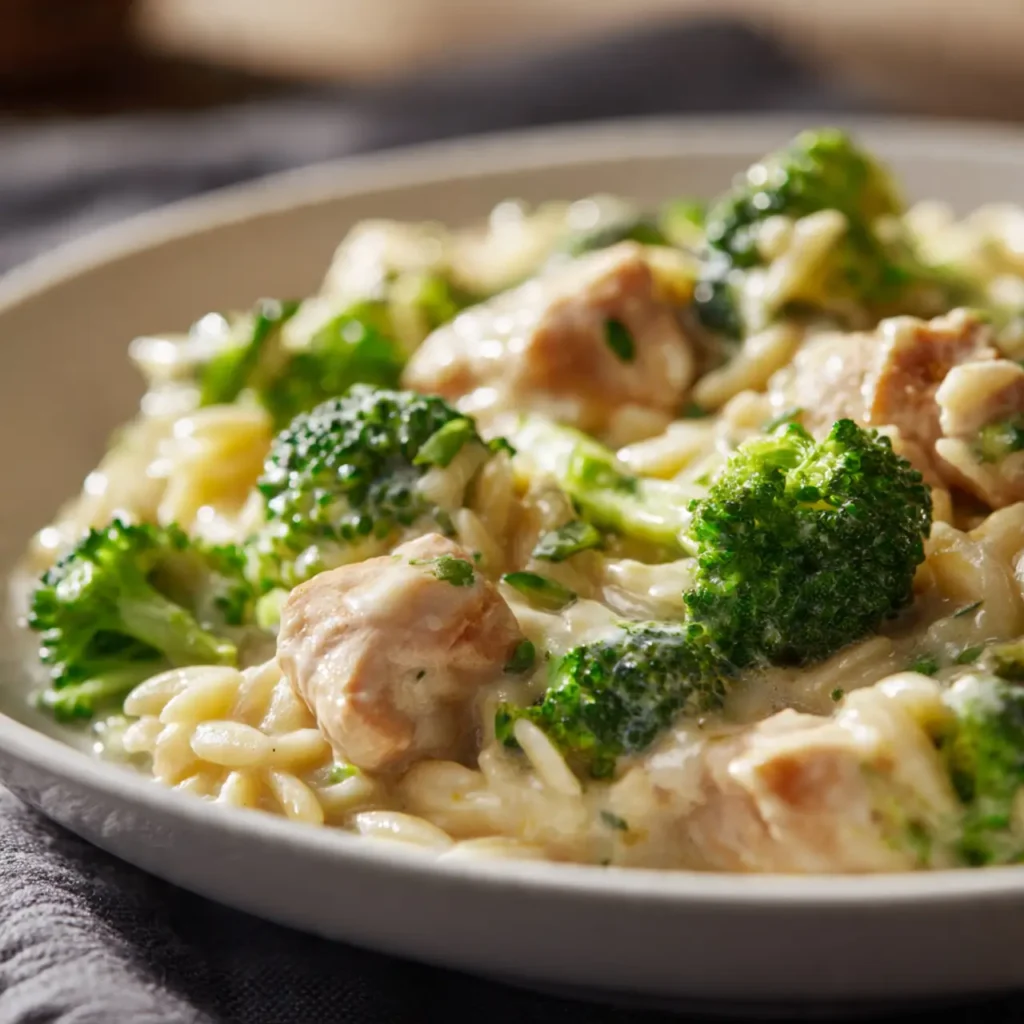 Cremiges Hähnchen-Orzo mit Brokkoli Einfaches und gesundes Familienessen
