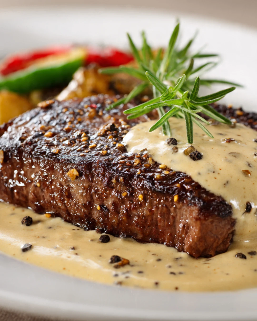 Steak mit cremiger Pfeffersauce Saftiges Rindersteak mit würzigem Saucengenuss