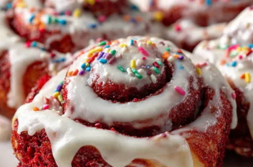 Zimtschnecken mit rotem Samtkuchen Luxuriöses Dessert für Genießer