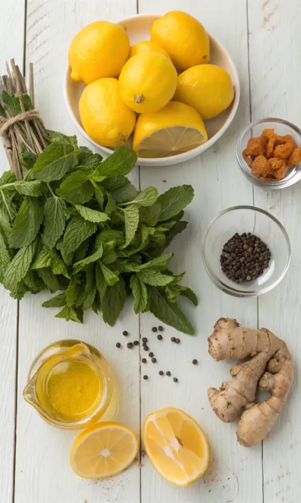 Fresh ingredients for anti-inflammatory juice including lemons, mint, ginger, turmeric, honey and water laid out on white table